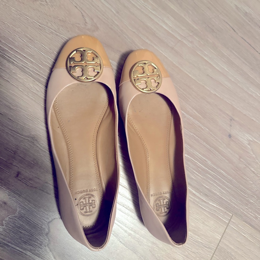 TORY BURCH Benton Reva Ballerina Flats Gold Logo Ballet Shoe 6.5 Blush Leather